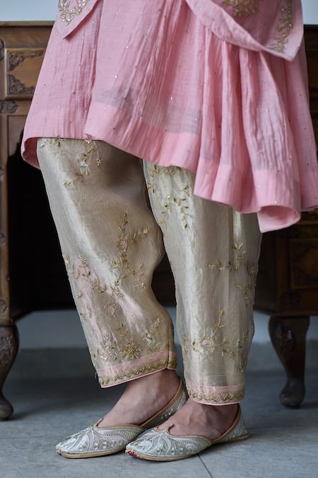 Shop_Rhua_Pink Chanderi, Tissue Embroidery Split V-neck Soft Crushed Anarkali Set _Online_at_Aza_Fashions