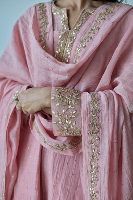 Rhua_Pink Chanderi, Tissue Embroidery Split V-neck Soft Crushed Anarkali Set _at_Aza_Fashions