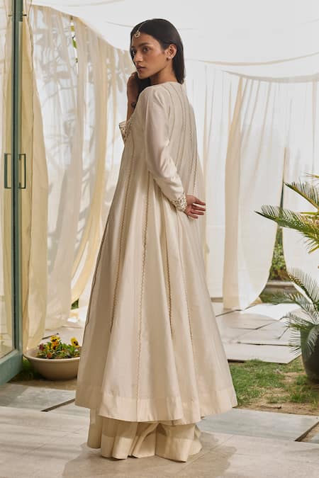 Shop Rhua White Chanderi Embroidery, Beads Round Neck Moon Anarkali Set at Aza Fashions Shop_Rhua_White Chanderi Embroidery, Beads Round Neck Moon Anarkali Set _at_Aza_Fashions