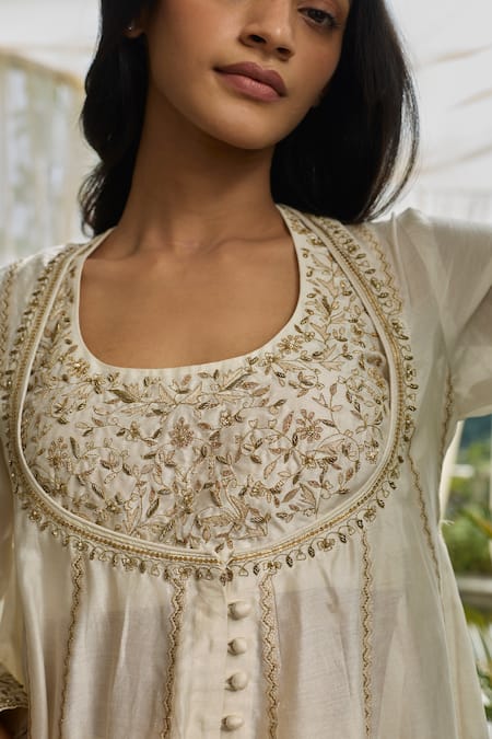 Buy Rhua White Chanderi Embroidery, Beads Round Neck Moon Anarkali Set Online at Aza Fashions Buy_Rhua_White Chanderi Embroidery, Beads Round Neck Moon Anarkali Set _Online_at_Aza_Fashions