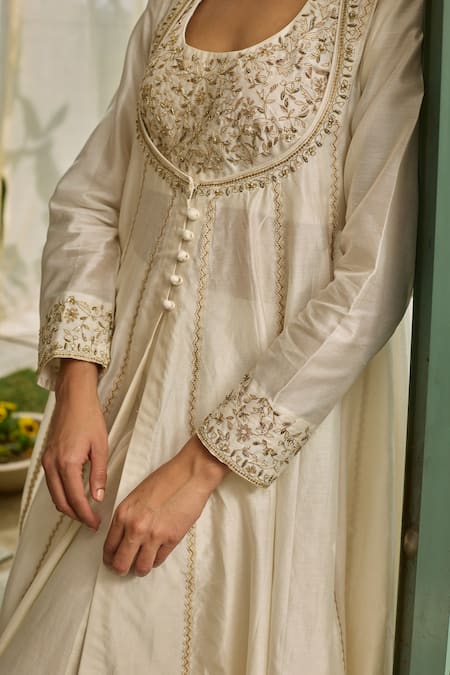 Shop Rhua White Chanderi Embroidery, Beads Round Neck Moon Anarkali Set Online at Aza Fashions Shop_Rhua_White Chanderi Embroidery, Beads Round Neck Moon Anarkali Set _Online_at_Aza_Fashions