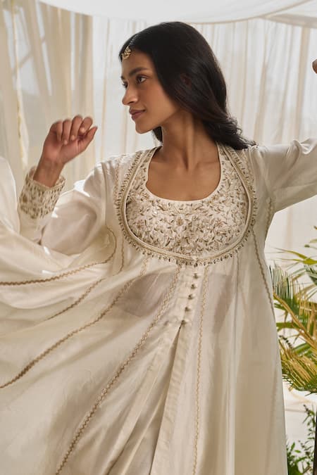 Rhua White Chanderi Embroidery, Beads Round Neck Moon Anarkali Set at Aza Fashions Rhua_White Chanderi Embroidery, Beads Round Neck Moon Anarkali Set _at_Aza_Fashions