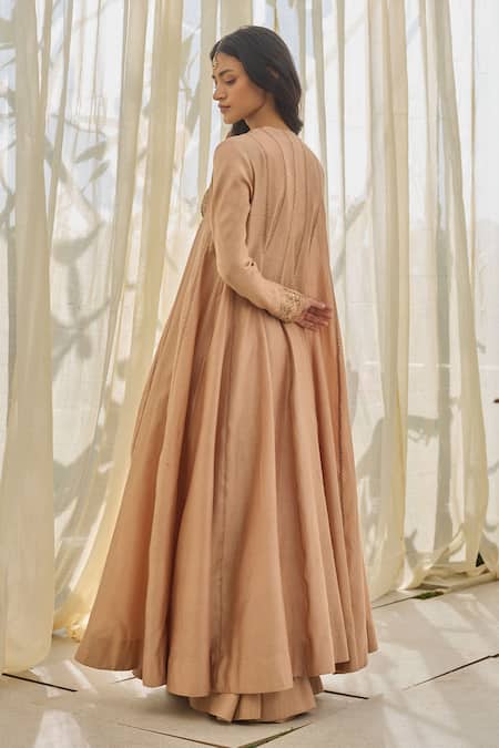 Shop_Rhua_Pink Chanderi Embroidery, Sequins Round Neck Soft Salmon Anarkali Set _at_Aza_Fashions