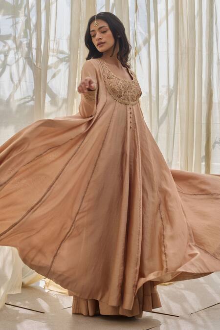 Rhua_Pink Chanderi Embroidery, Sequins Round Neck Soft Salmon Anarkali Set _Online_at_Aza_Fashions