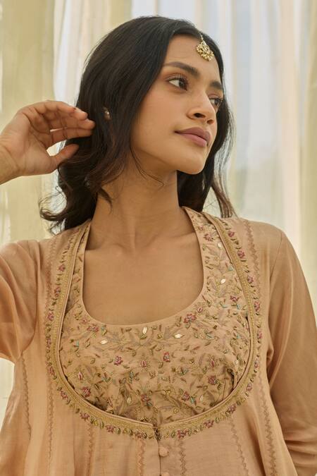 Buy_Rhua_Pink Chanderi Embroidery, Sequins Round Neck Soft Salmon Anarkali Set _Online_at_Aza_Fashions