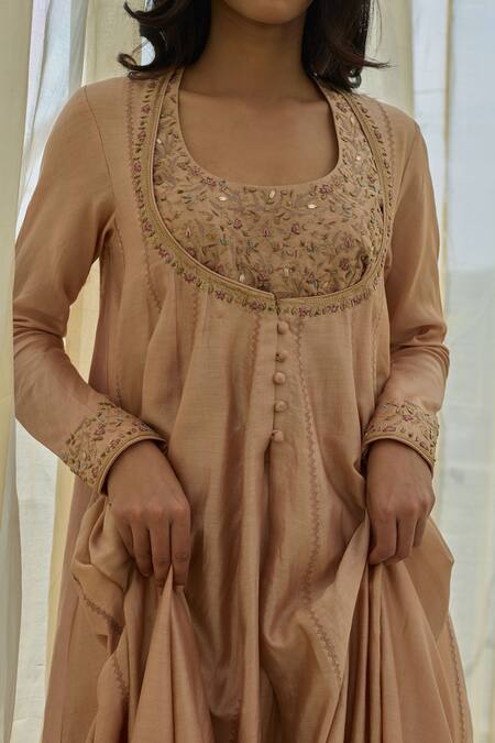 Shop_Rhua_Pink Chanderi Embroidery, Sequins Round Neck Soft Salmon Anarkali Set _Online_at_Aza_Fashions