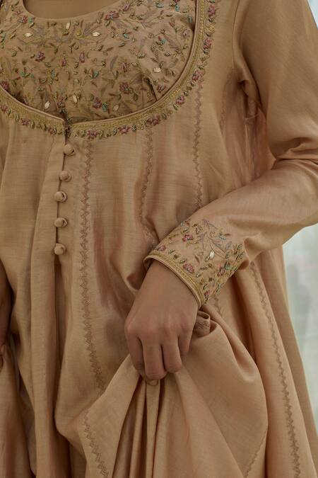 Rhua_Pink Chanderi Embroidery, Sequins Round Neck Soft Salmon Anarkali Set _at_Aza_Fashions