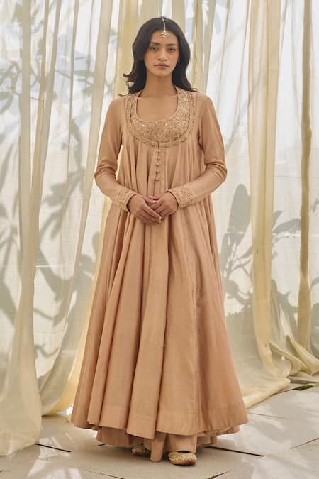 Rhua Pink Chanderi Embroidery, Sequins Round Neck Soft Salmon Anarkali Set 