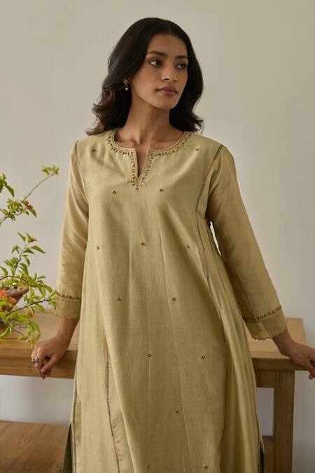 Buy Rhua Green Chanderi, Organza Embroidery Split V-neck Soft Anarkali Set Online at Aza Fashions Buy_Rhua_Green Chanderi, Organza Embroidery Split V-neck Soft Anarkali Set _Online_at_Aza_Fashions