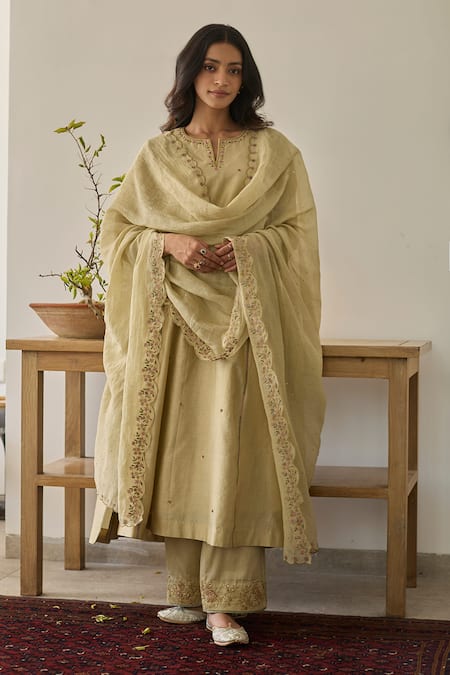 Rhua Green Chanderi, Organza Embroidery Split V-neck Soft Anarkali Set 