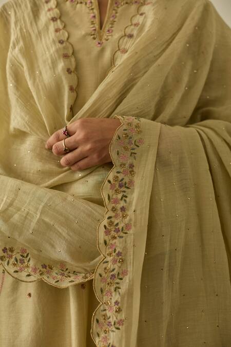 Shop Rhua Green Chanderi, Organza Embroidery Split V-neck Soft Anarkali Set Online at Aza Fashions Shop_Rhua_Green Chanderi, Organza Embroidery Split V-neck Soft Anarkali Set _Online_at_Aza_Fashions