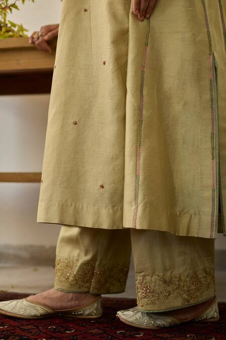 Rhua Green Chanderi, Organza Embroidery Split V-neck Soft Anarkali Set at Aza Fashions Rhua_Green Chanderi, Organza Embroidery Split V-neck Soft Anarkali Set _at_Aza_Fashions