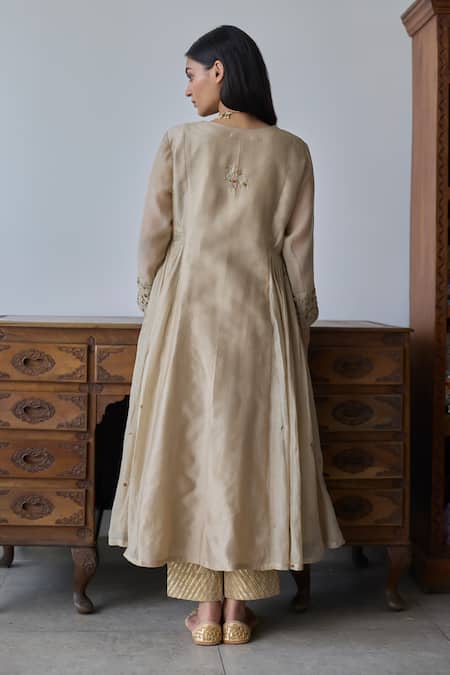 Shop Rhua Brown Chanderi, Organza Embroidery Split V-neck Anarkali Set at Aza Fashions Shop_Rhua_Brown Chanderi, Organza Embroidery Split V-neck Anarkali Set _at_Aza_Fashions