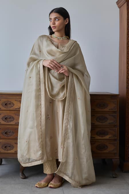 Rhua Brown Chanderi, Organza Embroidery Split V-neck Anarkali Set 
