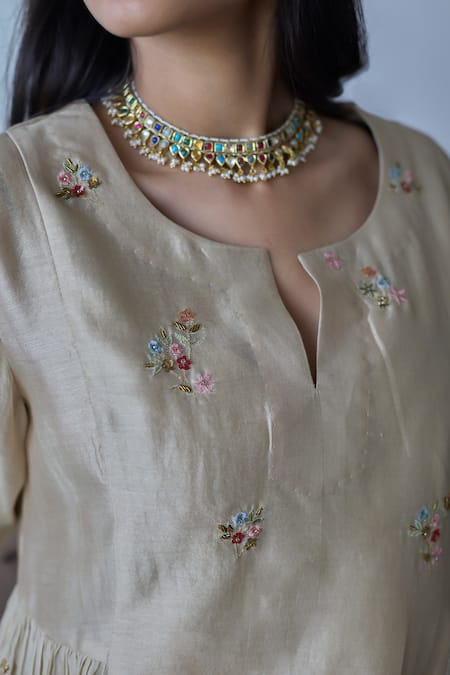 Shop Rhua Brown Chanderi, Organza Embroidery Split V-neck Anarkali Set Online at Aza Fashions Shop_Rhua_Brown Chanderi, Organza Embroidery Split V-neck Anarkali Set _Online_at_Aza_Fashions