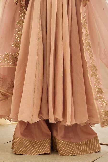 Buy_Rhua_Pink Embroidery, Gota Patti V-neck Soft Anarkali Set _Online_at_Aza_Fashions