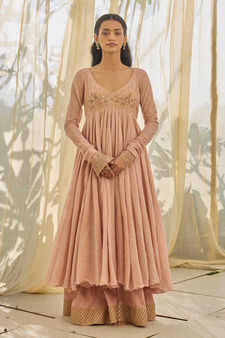 Rhua_Pink Embroidery, Gota Patti V-neck Soft Anarkali Set _at_Aza_Fashions