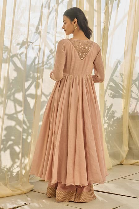 Shop_Rhua_Pink Embroidery, Gota Patti V-neck Soft Anarkali Set _at_Aza_Fashions
