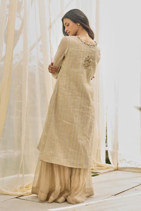 Shop Rhua Gold Chanderi Embroidery Almond Kurta Set at Aza Fashions Shop_Rhua_Gold Chanderi Embroidery Almond Kurta Set _at_Aza_Fashions