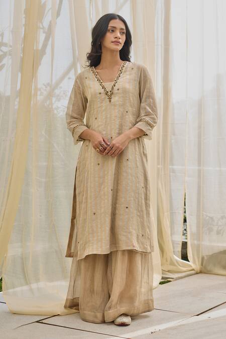 Buy Rhua Gold Chanderi Embroidery Almond Kurta Set Online at Aza Fashions Buy_Rhua_Gold Chanderi Embroidery Almond Kurta Set _Online_at_Aza_Fashions