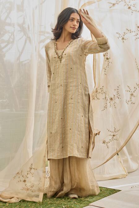 Shop Rhua Gold Chanderi Embroidery Almond Kurta Set Online at Aza Fashions Shop_Rhua_Gold Chanderi Embroidery Almond Kurta Set _Online_at_Aza_Fashions