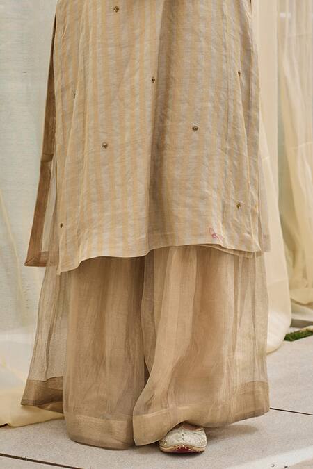 Rhua Gold Chanderi Embroidery Almond Kurta Set at Aza Fashions Rhua_Gold Chanderi Embroidery Almond Kurta Set _at_Aza_Fashions