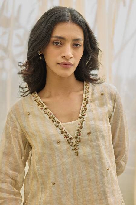 Buy Rhua Gold Chanderi Embroidery Almond Kurta Set Buy_Rhua_Gold Chanderi Embroidery Almond Kurta Set