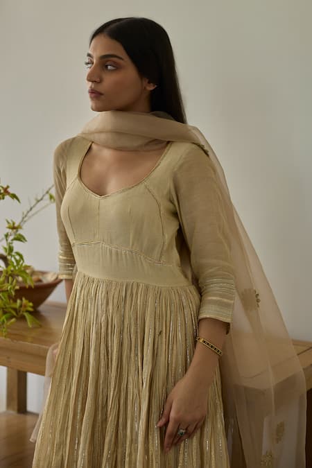 Rhua Gold Chanderi, Cotton, Organza Embroidery Scoop Neck Almond Anarkali Set Online at Aza Fashions Rhua_Gold Chanderi, Cotton, Organza Embroidery Scoop Neck Almond Anarkali Set _Online_at_Aza_Fashions
