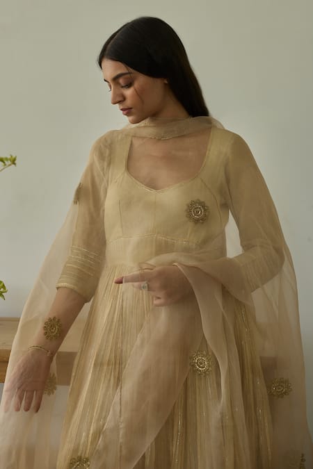 Buy Rhua Gold Chanderi, Cotton, Organza Embroidery Scoop Neck Almond Anarkali Set Online at Aza Fashions Buy_Rhua_Gold Chanderi, Cotton, Organza Embroidery Scoop Neck Almond Anarkali Set _Online_at_Aza_Fashions