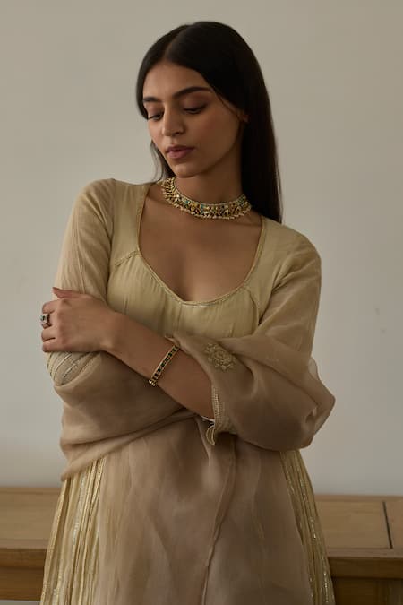 Shop Rhua Gold Chanderi, Cotton, Organza Embroidery Scoop Neck Almond Anarkali Set Online at Aza Fashions Shop_Rhua_Gold Chanderi, Cotton, Organza Embroidery Scoop Neck Almond Anarkali Set _Online_at_Aza_Fashions