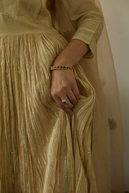 Rhua Gold Chanderi, Cotton, Organza Embroidery Scoop Neck Almond Anarkali Set at Aza Fashions Rhua_Gold Chanderi, Cotton, Organza Embroidery Scoop Neck Almond Anarkali Set _at_Aza_Fashions