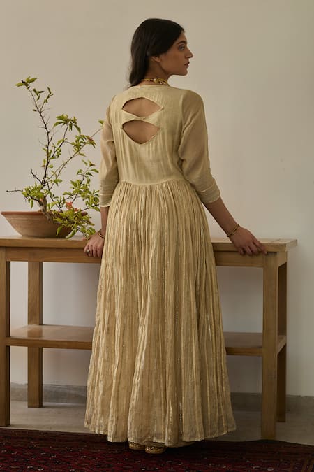 Shop Rhua Gold Chanderi, Cotton, Organza Embroidery Scoop Neck Almond Anarkali Set at Aza Fashions Shop_Rhua_Gold Chanderi, Cotton, Organza Embroidery Scoop Neck Almond Anarkali Set _at_Aza_Fashions