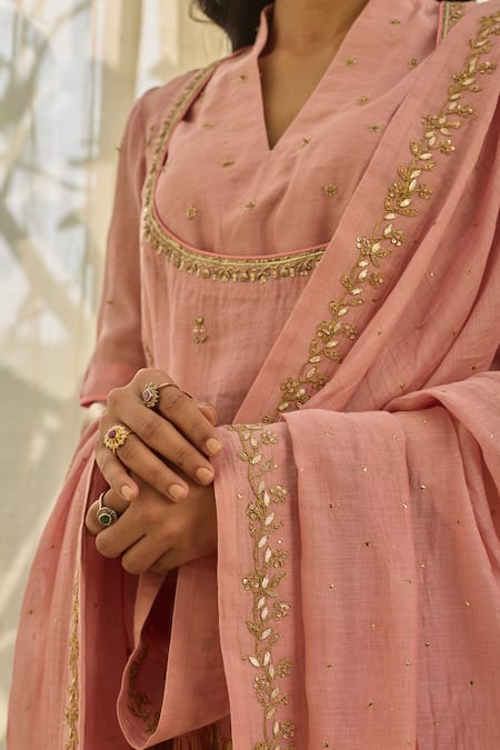 Rhua Pink Chanderi Embroidery, Mirrors V-neck Soft Gota-lined Kurta Lehenga Set Online at Aza Fashions Rhua_Pink Chanderi Embroidery, Mirrors V-neck Soft Gota-lined Kurta Lehenga Set _Online_at_Aza_Fashions