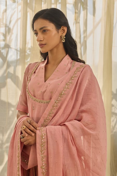 Buy Rhua Pink Chanderi Embroidery, Mirrors V-neck Soft Gota-lined Kurta Lehenga Set Online at Aza Fashions Buy_Rhua_Pink Chanderi Embroidery, Mirrors V-neck Soft Gota-lined Kurta Lehenga Set _Online_at_Aza_Fashions