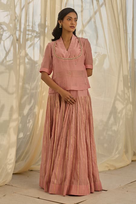 Shop Rhua Pink Chanderi Embroidery, Mirrors V-neck Soft Gota-lined Kurta Lehenga Set Online at Aza Fashions Shop_Rhua_Pink Chanderi Embroidery, Mirrors V-neck Soft Gota-lined Kurta Lehenga Set _Online_at_Aza_Fashions