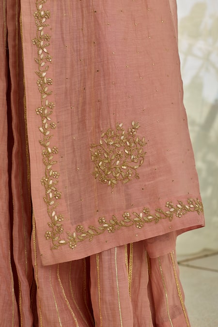 Rhua Pink Chanderi Embroidery, Mirrors V-neck Soft Gota-lined Kurta Lehenga Set at Aza Fashions Rhua_Pink Chanderi Embroidery, Mirrors V-neck Soft Gota-lined Kurta Lehenga Set _at_Aza_Fashions