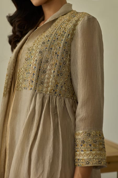 Rhua_Beige Embroidery Round Neck Almond Kurta Set With Jacket _Online_at_Aza_Fashions