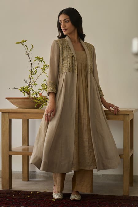 Shop_Rhua_Beige Embroidery Round Neck Almond Kurta Set With Jacket _Online_at_Aza_Fashions