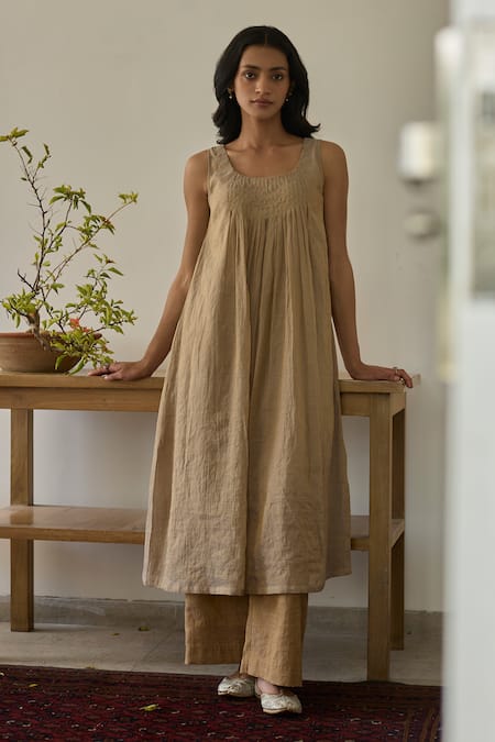 Rhua_Beige Embroidery Round Neck Almond Kurta Set With Jacket _at_Aza_Fashions