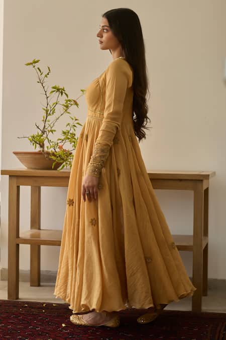 Rhua Yellow Chanderi, Cotton, Organza Embroidery Canary Anarkali Set Online at Aza Fashions Rhua_Yellow Chanderi, Cotton, Organza Embroidery Canary Anarkali Set _Online_at_Aza_Fashions