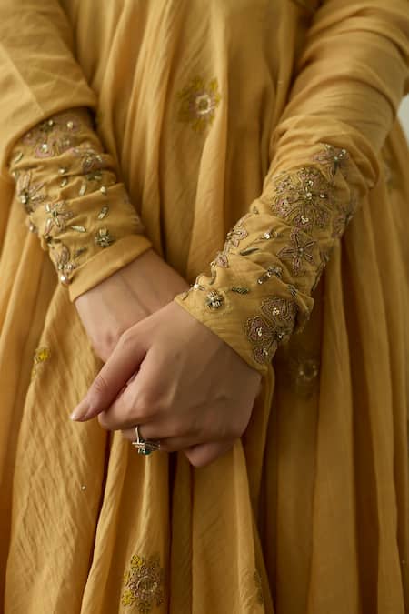 Shop Rhua Yellow Chanderi, Cotton, Organza Embroidery Canary Anarkali Set Online at Aza Fashions Shop_Rhua_Yellow Chanderi, Cotton, Organza Embroidery Canary Anarkali Set _Online_at_Aza_Fashions