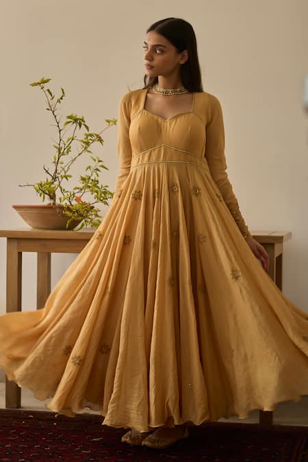 Rhua Yellow Chanderi, Cotton, Organza Embroidery Canary Anarkali Set at Aza Fashions Rhua_Yellow Chanderi, Cotton, Organza Embroidery Canary Anarkali Set _at_Aza_Fashions