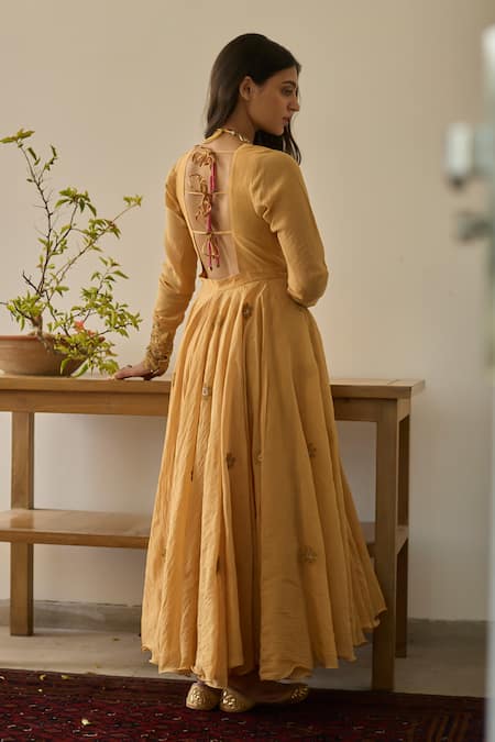 Shop Rhua Yellow Chanderi, Cotton, Organza Embroidery Canary Anarkali Set at Aza Fashions Shop_Rhua_Yellow Chanderi, Cotton, Organza Embroidery Canary Anarkali Set _at_Aza_Fashions