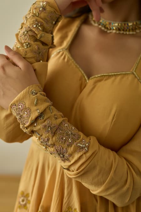 Buy Rhua Yellow Chanderi, Cotton, Organza Embroidery Canary Anarkali Set Buy_Rhua_Yellow Chanderi, Cotton, Organza Embroidery Canary Anarkali Set