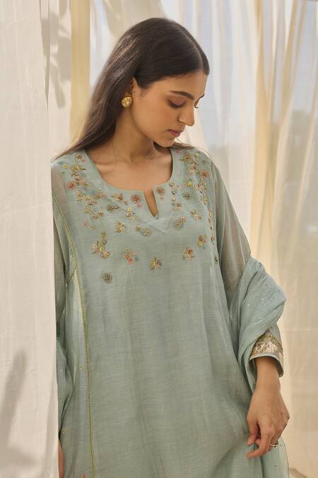 Rhua Blue Chanderi Mirrors Split V-neck Embroidered Kurta Set Online at Aza Fashions Rhua_Blue Chanderi Mirrors Split V-neck Embroidered Kurta Set _Online_at_Aza_Fashions