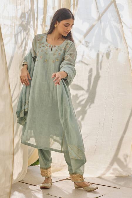 Buy Rhua Blue Chanderi Mirrors Split V-neck Embroidered Kurta Set Online at Aza Fashions Buy_Rhua_Blue Chanderi Mirrors Split V-neck Embroidered Kurta Set _Online_at_Aza_Fashions