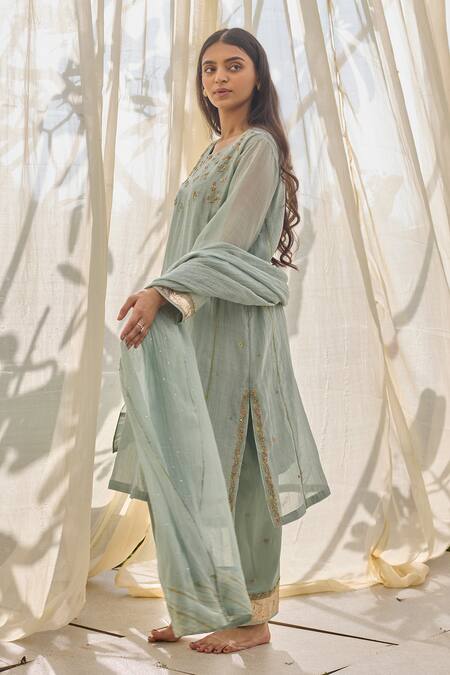 Shop Rhua Blue Chanderi Mirrors Split V-neck Embroidered Kurta Set Online at Aza Fashions Shop_Rhua_Blue Chanderi Mirrors Split V-neck Embroidered Kurta Set _Online_at_Aza_Fashions