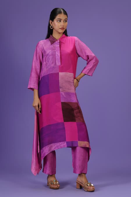 LABEL RADINI Pink Silk Collared Royal Radiance Long Kurta Set 