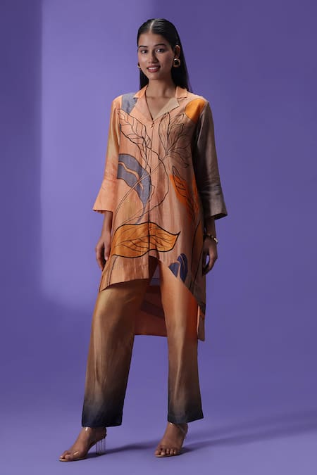 Label Radini Peach Silk Collared Amber Essence Printed Kurta Set