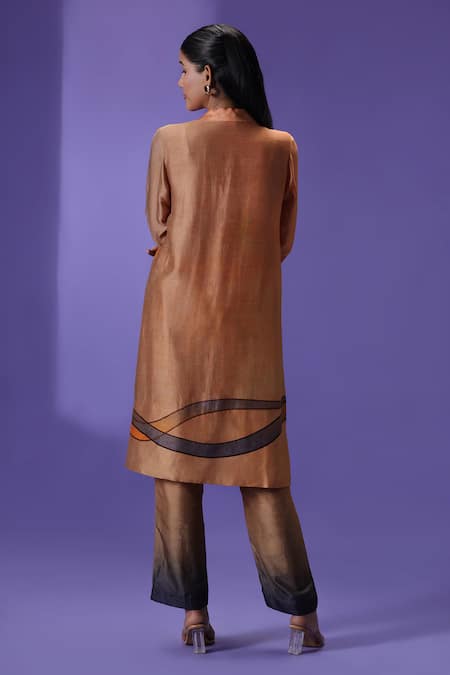 Shop Label Radini Peach Silk Collared Amber Essence Printed Kurta Set at Aza Fashions Shop_Label Radini_Peach Silk Collared Amber Essence Printed Kurta Set _at_Aza_Fashions